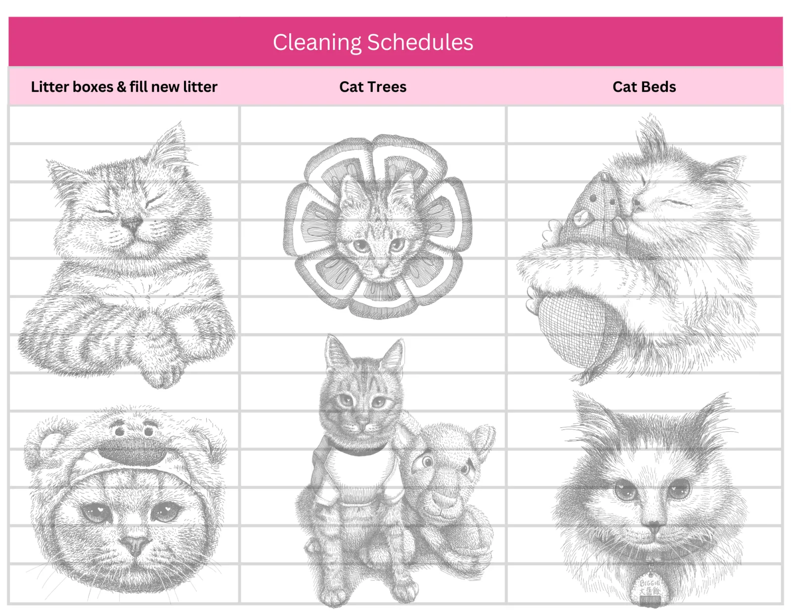 Cleaning Schedules printable: a pink-headed chart with columns for litter boxes, cat trees and cat beds, illustrated with six of the cat sketches