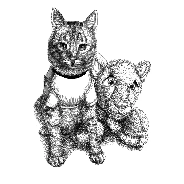 Tabby cat in a white t-shirt sitting beside a large stuffed toy animal