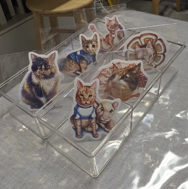 Colour die-cut stickers of her cat drawings in a clear display case